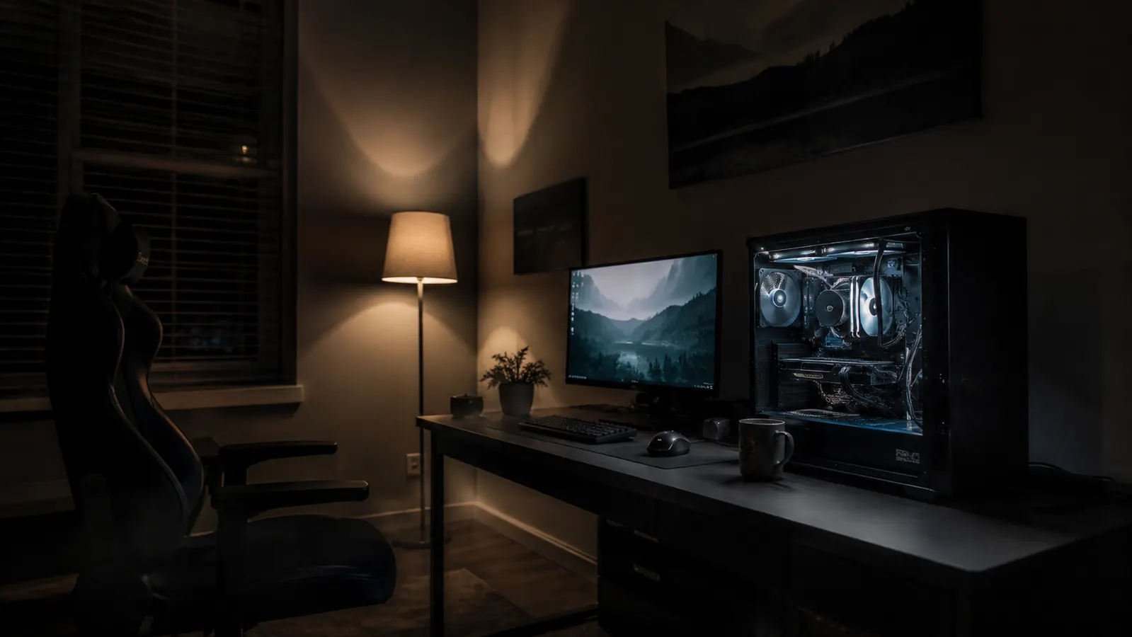 A PC tower on a desk in a dim room at night with the side panel off and a monitor glowing nearby