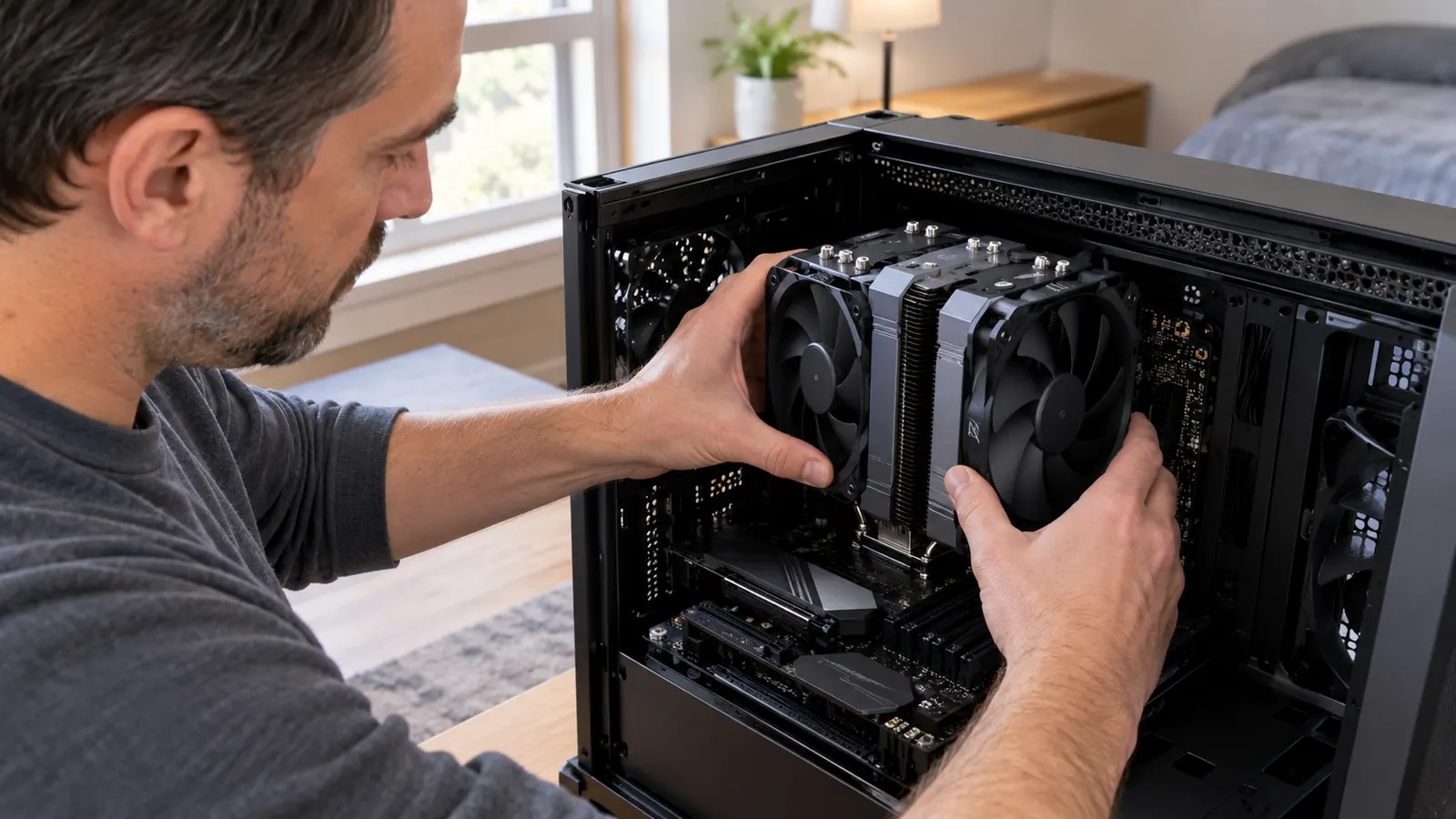 Hands installing the CPU cooler onto the motherboard in a mid-tower PC case.