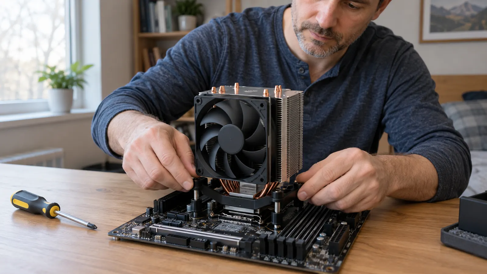 A man installing a dual-tower CPU cooler onto a motherboard, holding the mounting bracket over the CPU socket