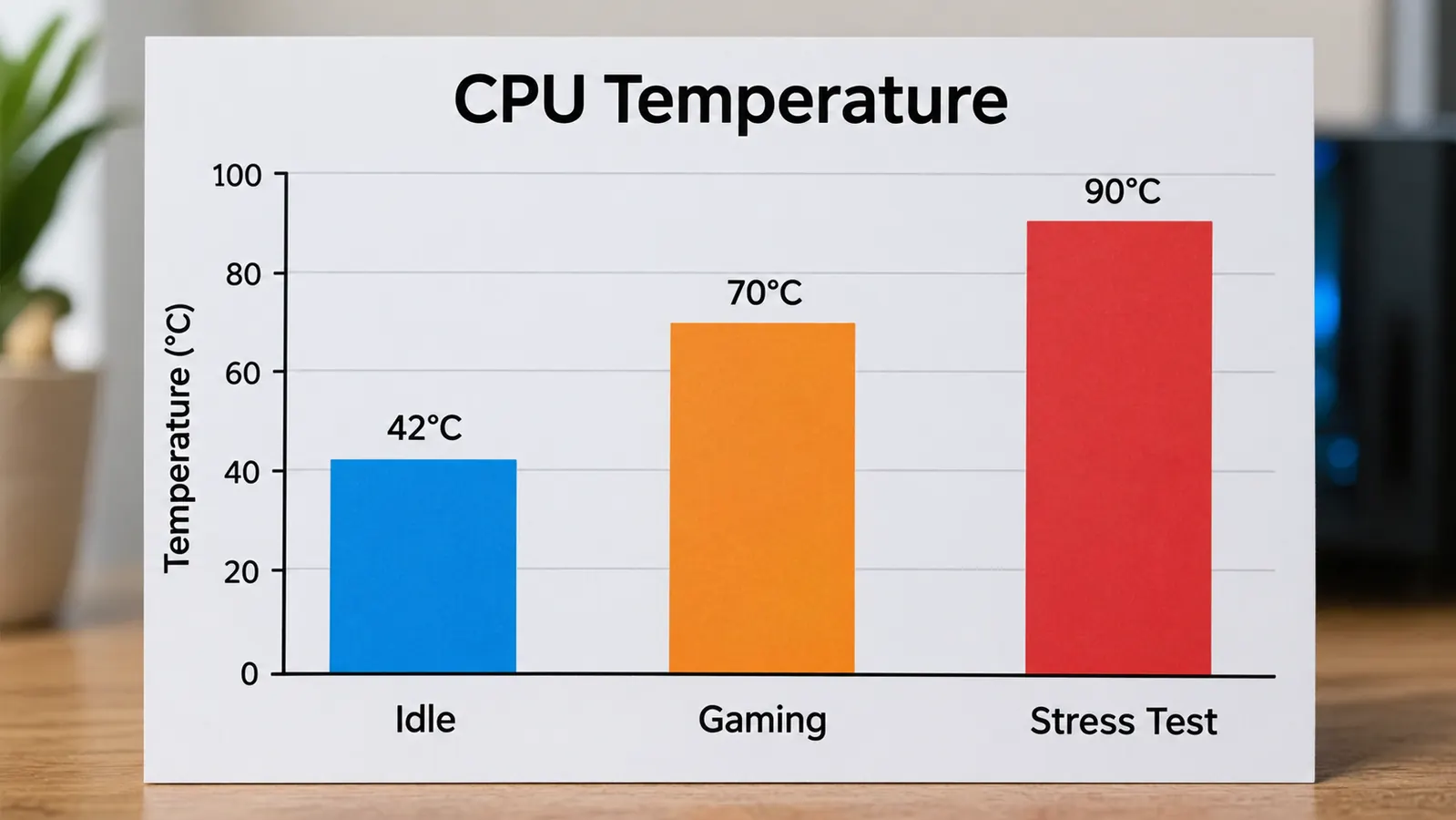A chart showing CPU temperature in degrees Celsius during idle, gaming and stress test loads