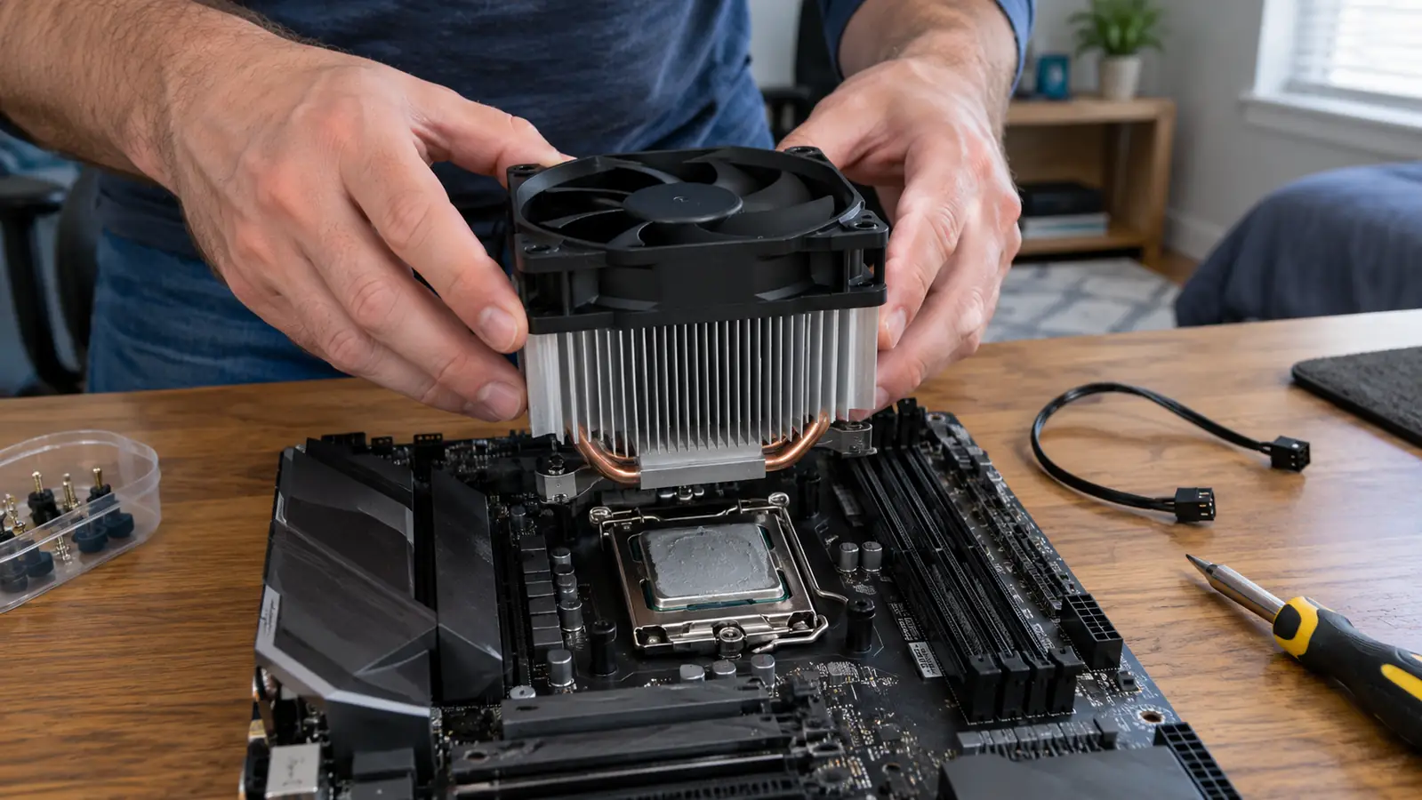 A person's hands installing a CPU cooler onto a motherboard, thermal paste already applied