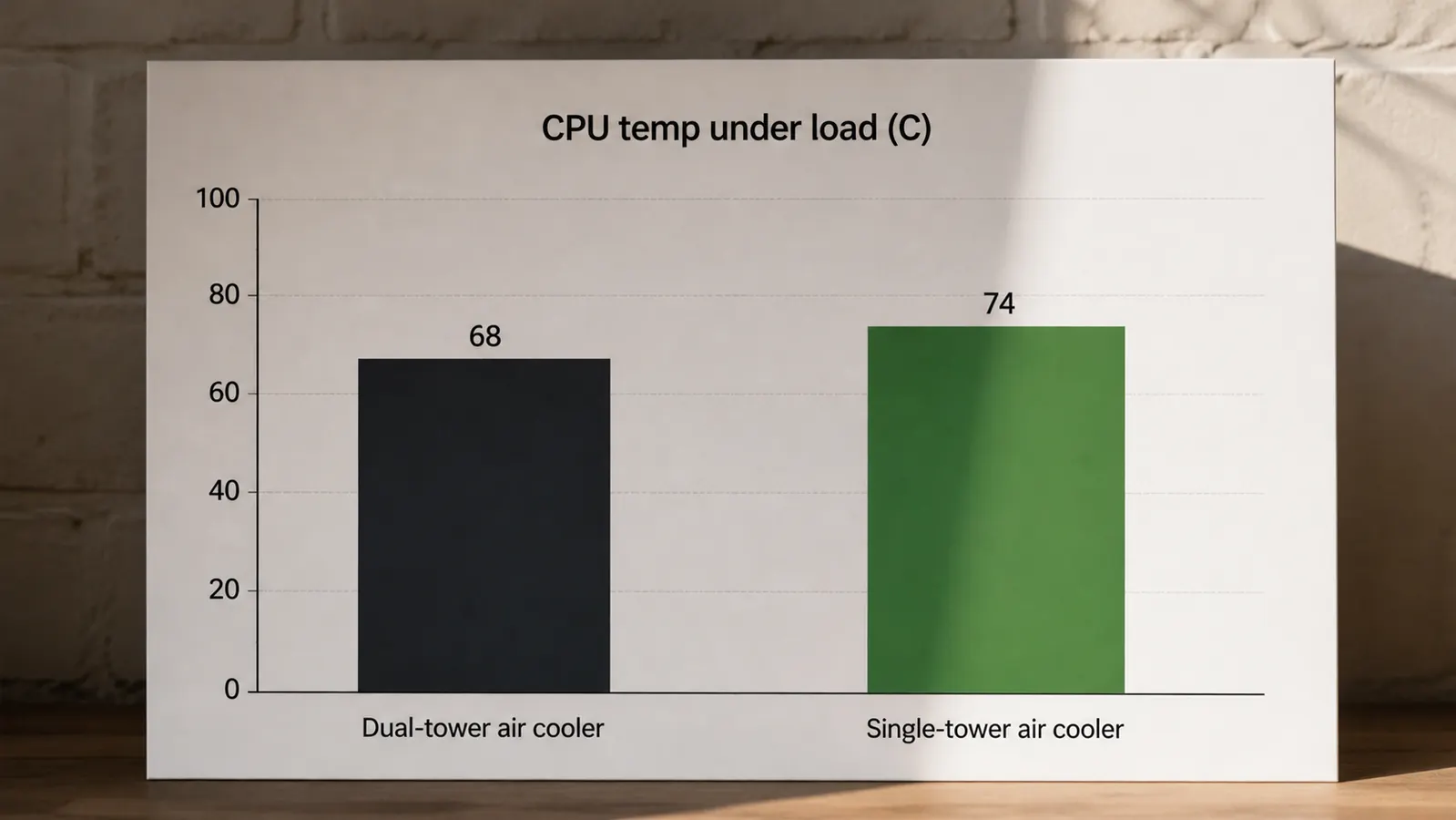 A chart comparing load temperatures of two CPU coolers, with the two-fan cooler running cooler than the single-fan cooler